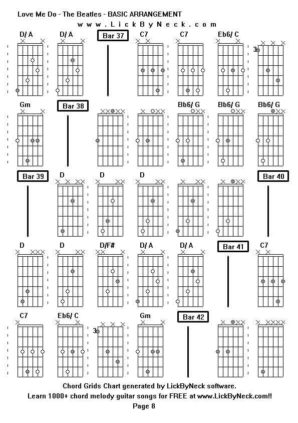 Chord Grids Chart of chord melody fingerstyle guitar song-Love Me Do - The Beatles - BASIC ARRANGEMENT,generated by LickByNeck software.